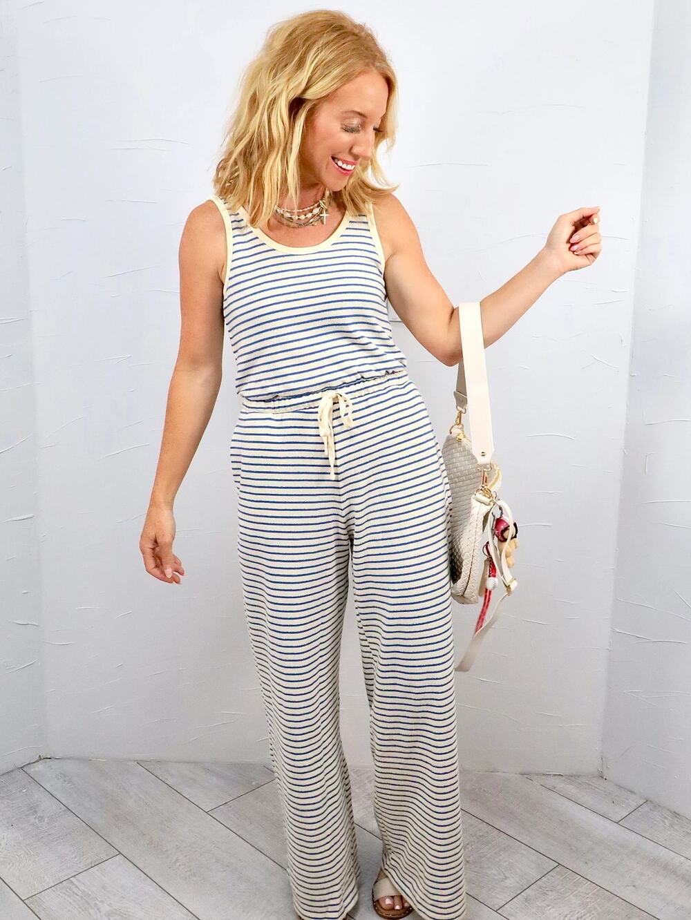 By Together Lounging For Life Striped Pattern Sleeveless Jumpsuit Blue White L